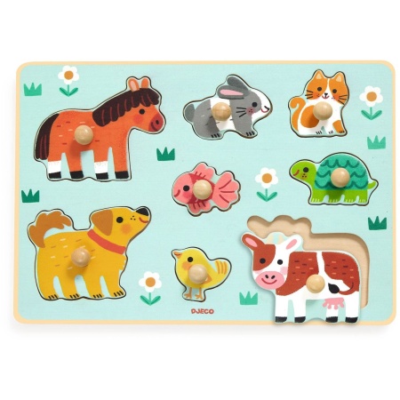 Djeco houten puzzel - peuter speelgoed Dog'n'Co met grote knoppen.