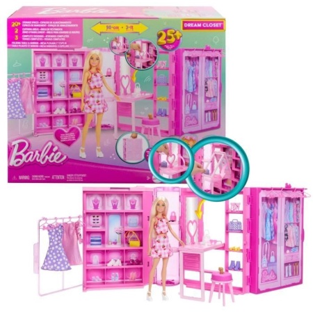 Barbie Super Kledingkast – Modepop met 25+ Stukken, Roze Glitterkast & Kaptafel