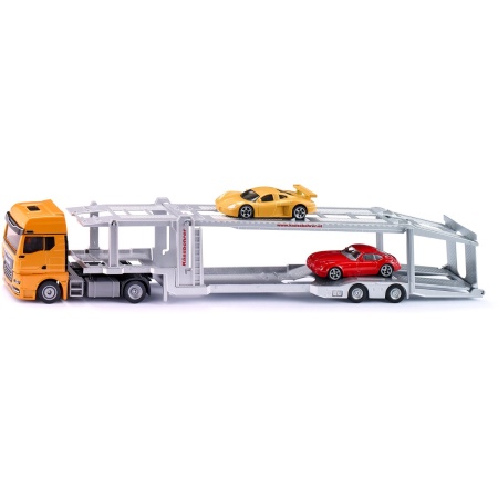 SIKU 3944, Man Autotransporter, 1:50, Incl. 2 Speelgoedauto's, Metaal/Plastic, Oranje/Zilver, Afkoppelbare Trailer, Verlaagbaar Platform