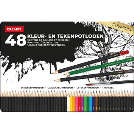 CREAKIT. Kleur– en Tekenpotloden met Penseel in Blik – 48 Stuks – Potloden Tekenen –... |